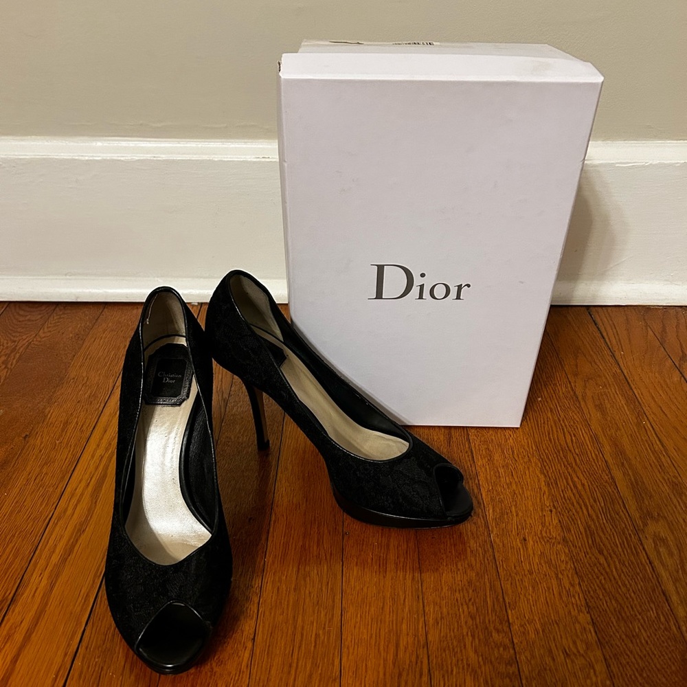 Christian Dior 4in Black Stiletto Heels with Lace Detailing